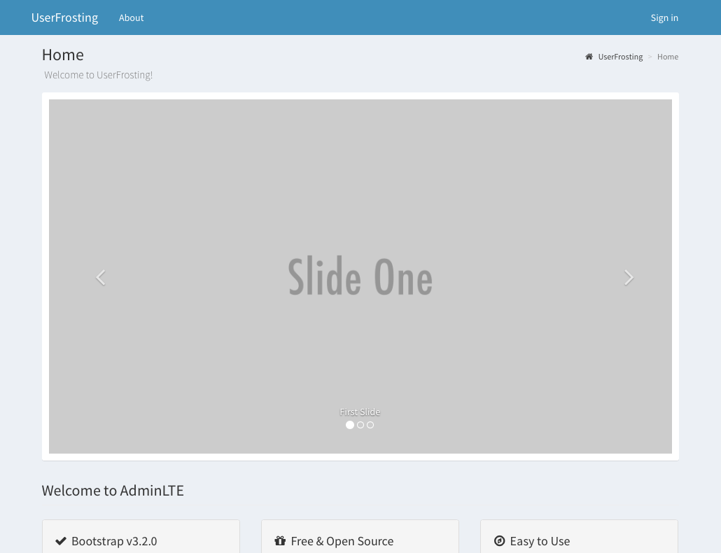 Basic front page of a UserFrosting installation