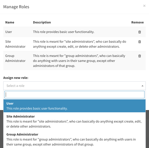 ufCollection widget as used for the 'user role' management interface.