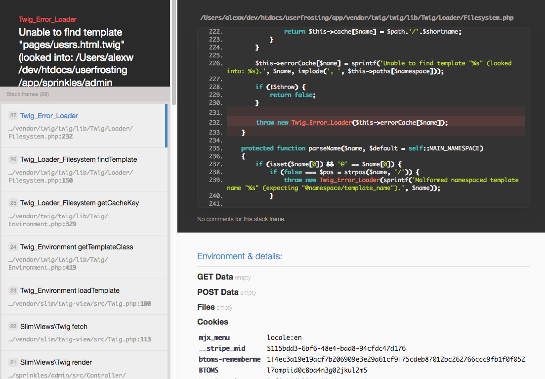 Sample debug error page