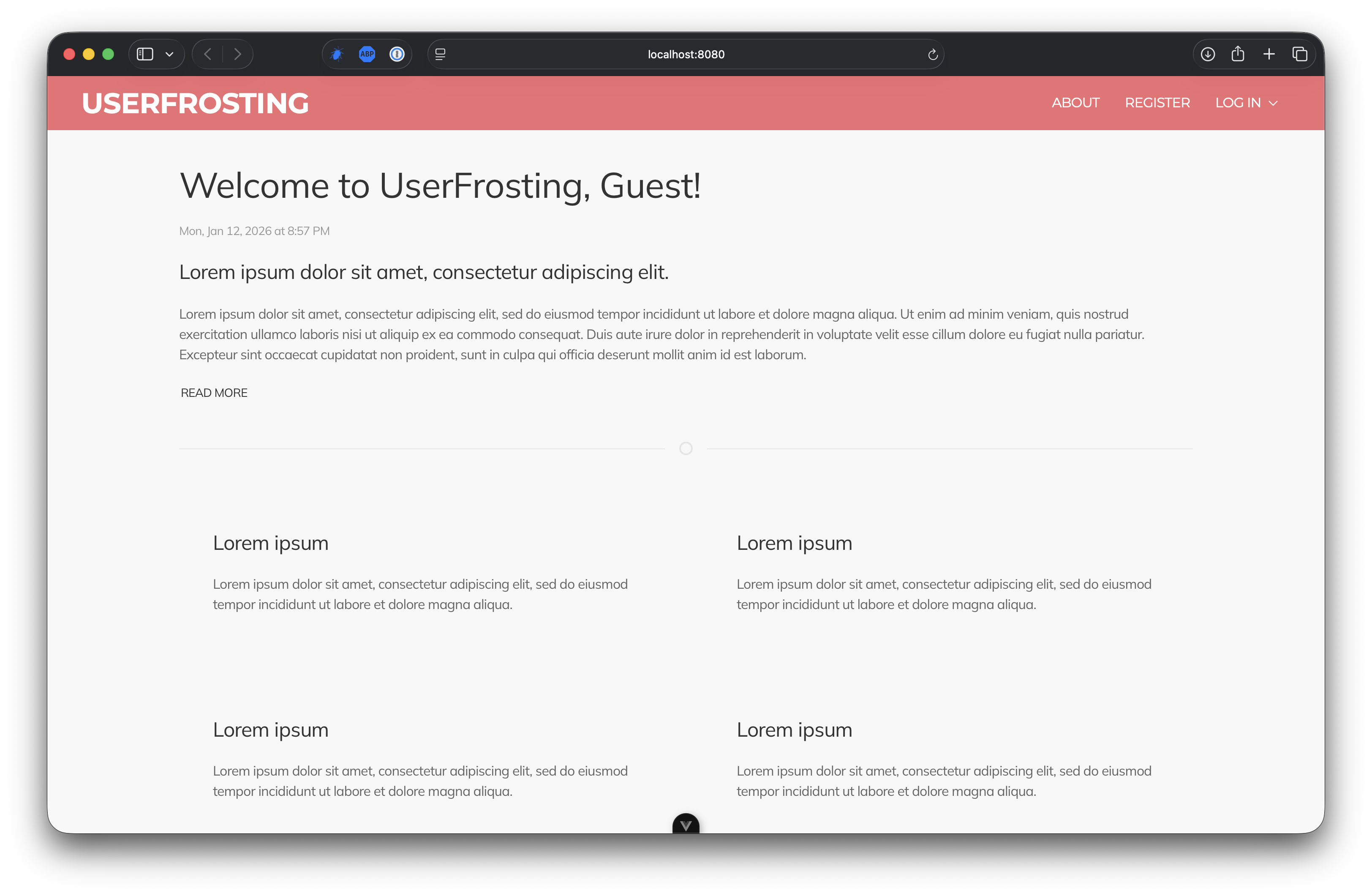Basic front page of a UserFrosting installation